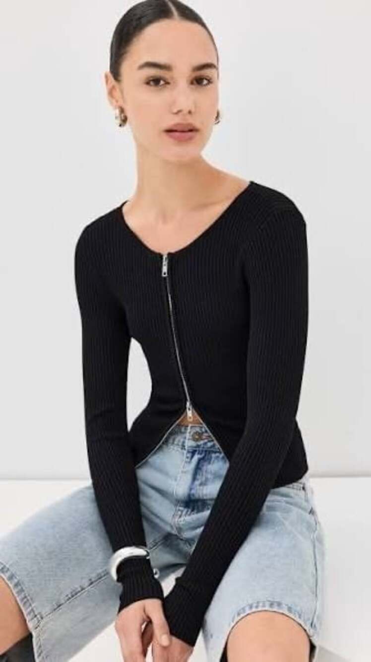 GOOD AMERICAN Virgo Rib Zip Front Sz L Black Sweater 90s Y2K Streetwear Goingout - Picture 2 of 15